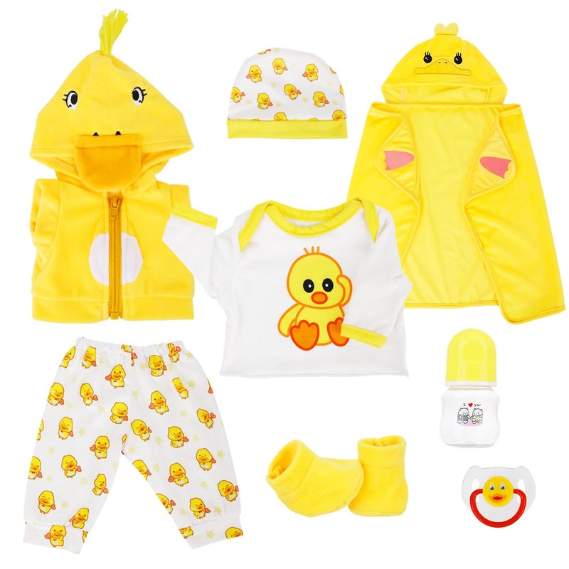 UNICORN ELEMENT 8 Pcs Baby Doll Colthes Outfit Accessories Yellow Duck Set Fit 16-18 Inch Reborn Dolls, New Born Doll Clothing Set Including Waistcoat, Blanket, Hat, Sock, Pacifier, Bottle - Image 1
